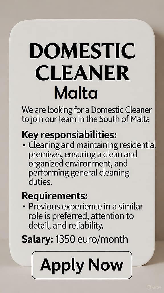 মাল্টাতে ডোমেস্টিক ক্লিনার (গৃহ পরিচ্ছন্নতাকর্মী) চাকরির বিজ্ঞাপন
