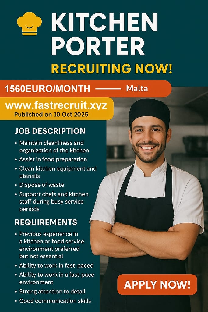 কিচেন পোর্টার নিয়োগ চলছে - মাল্টা 