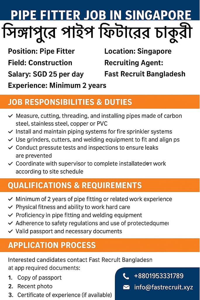 Pipe Fitter Job in Singapore for Bangladeshi